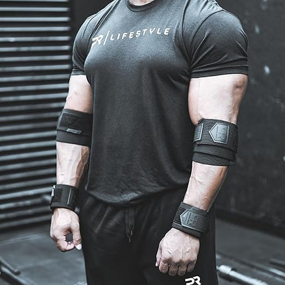 Elbow Wraps for Weightlifting - Heavy Duty Construction, 25% More Elasticity, Reinforced Stitching, Extra Wide Fastener, Easy to Adjust, All Black