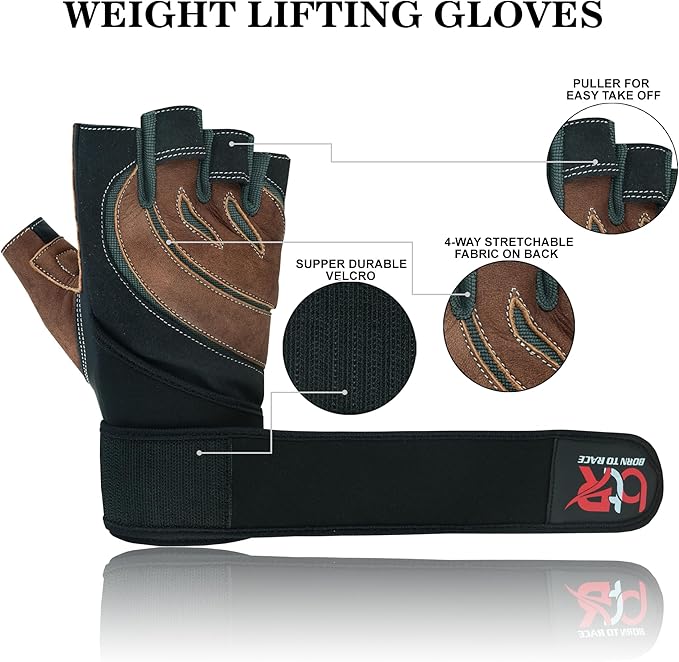 Weight Lifting Leather Padded Gloves for Men and Women Fingerless Body Building Long Wrist Support Training Gym Exercise Powerlifting Gloves Unisex Design