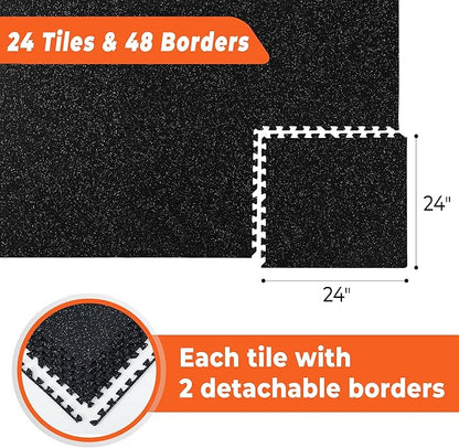 SUPERJARE 0.4'' Thick 24 Pcs 96 Sq Ft Rubber Top Exercise Equipment Mats, High Density EVA Foam Mats with Rubber Top, Interlocking Gym Flooring for Home Gym, Protective Workout Mat, Black/Grey