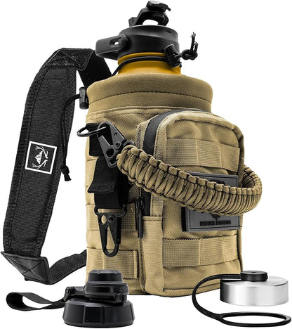 NATURE PIONEOR 64 oz Tactical Water Bottle Set, Stainless Steel Half Gallon Insulated Water Bottle with Tactical MOLLE Bottle Carrier Sleeve, for Outdoor Work, Gym, Hiking, Camping