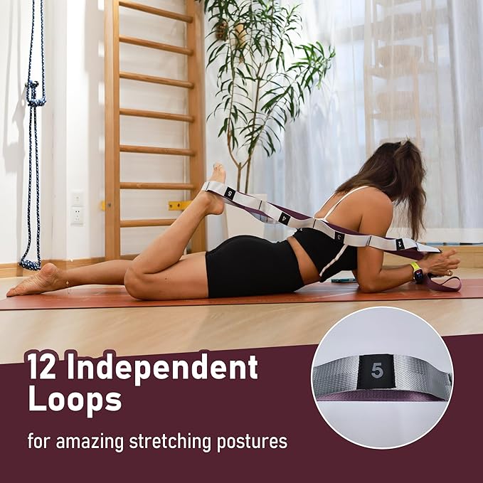 Stretch Bands for Exercise, Non Elastic Yoga Stretching Strap with Loops, 3.8cm x 2.45m, Stretching Bands for Physical Therapy, Yoga, Pilates, Dance, Gymnastics Exercise