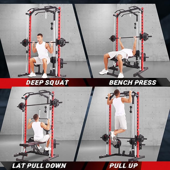 OPPSDECOR All in One Smith Machine, 1400LBS Multi-Functional Smith Machine Home Gym, Squat Rack with LAT-Pull Down System, Power Rack with Barbell Bar, Power Cage with Attachments Full Body Training