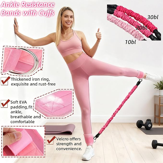 Home Leg and Glute Workout Equipment Set, Ankle Resistance Bands with Cuffs & Exercise Bands Yoga Ball, Women Ankle Weights Band for Working Out Butt Fitness and Booty Trainer, Pilates Equipment Kit