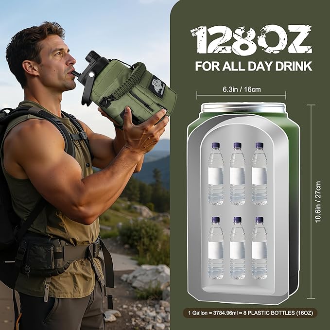 NATURE PIONEOR 1 Gallon Tactical Water Bottle Set, Stainless Steel 128 oz Sport Water Bottle with Tactical MOLLE Bottle Carrier Sleeve, for Outdoor Work, Gym, Hiking, Camping