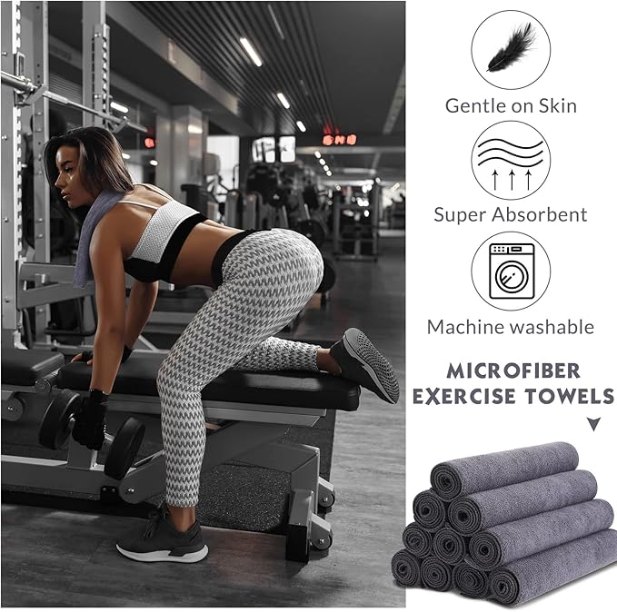 Handepo 12 Pcs Microfiber Workout Gym Towels, 360 GSM 12x30 Inch Fast Drying Yoga Towels for Sweat, Soft Gym Towel for Men Women Travel Sports(Gray)