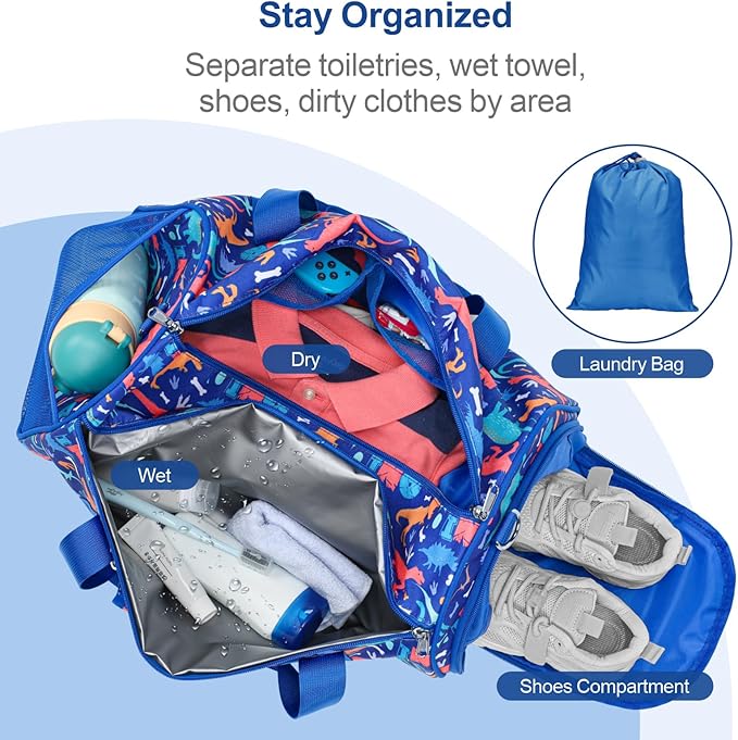 Bagseri Boys Duffle Bag for Travel - Kids Gym & Sports Bag with Shoe Compartment & Water Resistant Wet Pocket, Weekender for Camping & Sleepover (Blue Dinosaur)
