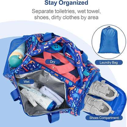 Bagseri Boys Duffle Bag for Travel - Kids Gym & Sports Bag with Shoe Compartment & Water Resistant Wet Pocket, Weekender for Camping & Sleepover (Blue Dinosaur)