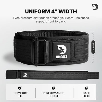 DMoose Weight Lifting Belt - Auto Locking Gym Belt for Olympic Training, WOD, Cross Training for Men and Women - 4" Nylon Workout belt with Adjustable Buckle - Provides Lumbar Support and Stability