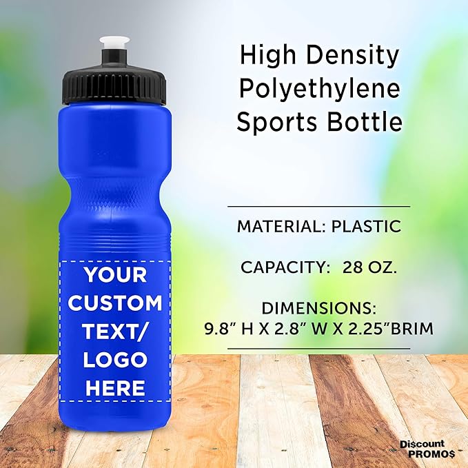 DISCOUNT PROMOS 28 oz. Custom Push Cap Plastic Water Bottles Set of 10/50/100, Personalized Bulk Pack - Perfect for Gym, Hiking, Camping, Outdoor Sports - Reflex Blue