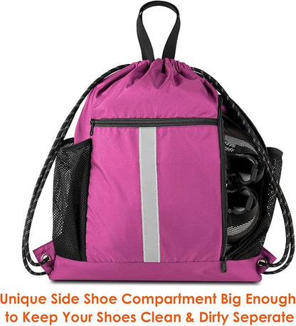 BeeGreen Pink String Backpack Large Drawstring Bag Cinch Sack w Shoe Compartment & Two Side Mesh Pockets Lightweight Sturdy Drawstring Gym Sackpack for Unisex