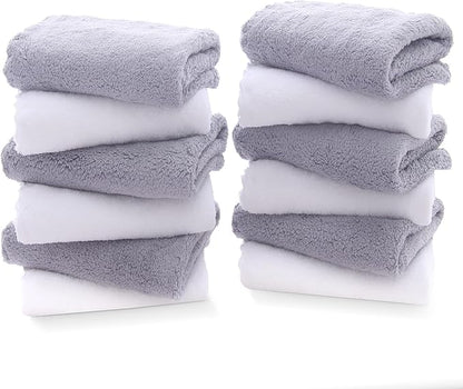 TENSTARS 12 Pack Premium Washcloths Set - Quick Drying- Soft Microfiber Coral Velvet Highly Absorbent Wash Clothes - Multipurpose Use as Bath, Spa, Facial, Fingertip Towel (Grey and White)