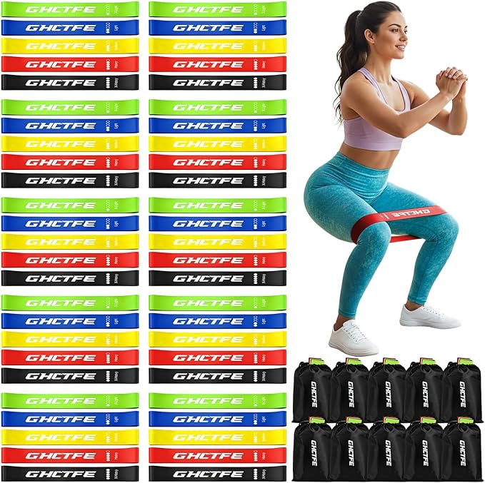 50PCS Resistance Bands Bulk Pack for Gym Studios, Trainers & Schools, 10 Mini Bands Sets, 5 Levels Color-Coded Durable Loop Exercise Bands for Pilates, Yoga, Rehab, Gift for Team Fitness