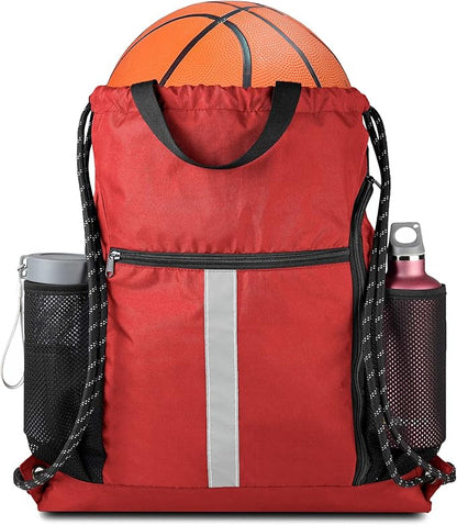 BeeGreen Red Drawstring Backpack Gymsack Bag with Shoe Compartment and Two Side Mesh Pockets Lightweight Durable Sports Cinch Sackpack 1 Pack for Women Men Workout Swim