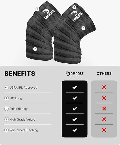 DMoose Fitness Knee Sleeves for Weightlifting (Pair) 78” Knee Wraps for Joint Support, Squats & Powerlifting - Gym Brace Straps for Joint Stability & Pain Relief, USPA & IPL Approved for Men and Women