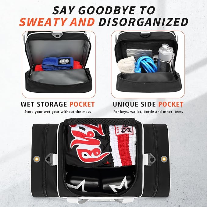 Boxing Gym Duffle Bag, Breathable Mesh Gym Bag for Boxing Gear | Wet Pocket, Privacy Pocket & Removable Shoulder Strap, Multipurpose Muay Thai, MMA, BJJ, Jiu Jitsu, Wrestling Workout Bag