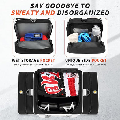 Boxing Gym Duffle Bag, Breathable Mesh Gym Bag for Boxing Gear | Wet Pocket, Privacy Pocket & Removable Shoulder Strap, Multipurpose Muay Thai, MMA, BJJ, Jiu Jitsu, Wrestling Workout Bag