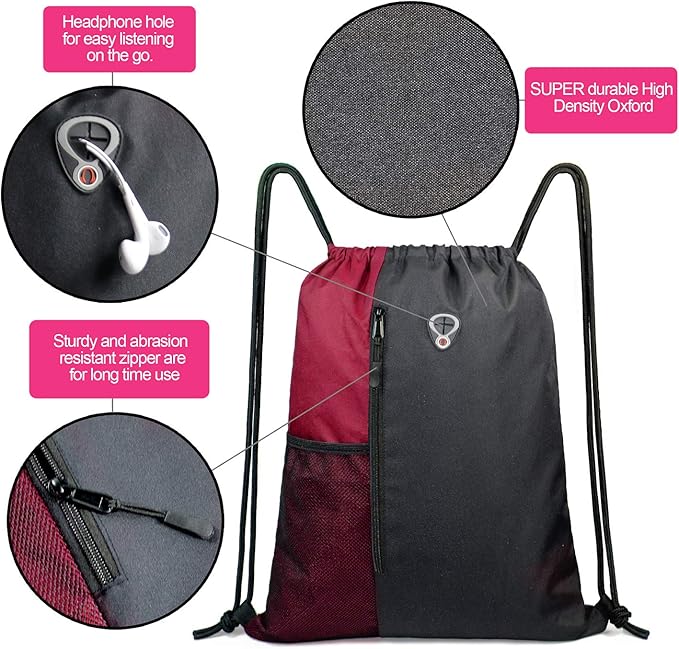BeeGreen Maroon Drawstring Backpack Sports Gym Bag for Women Men Large String Backpack With Zipper and Water Bottle Mesh Pockets Cinch Sack Workout Bag, 16" x 20"
