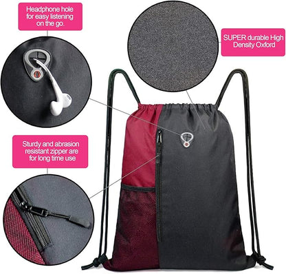 BeeGreen Maroon Drawstring Backpack Sports Gym Bag for Women Men Large String Backpack With Zipper and Water Bottle Mesh Pockets Cinch Sack Workout Bag, 16" x 20"