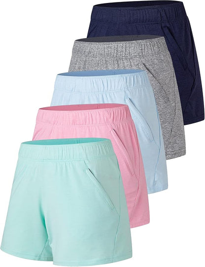 Liberty Imports 1 or 5 Pack Womens Lounge Workout Shorts with Zipper Pockets 5" Inseam Lightweight Athletic Casual Shorts