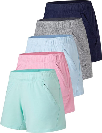 Liberty Imports 1 or 5 Pack Womens Lounge Workout Shorts with Zipper Pockets 5" Inseam Lightweight Athletic Casual Shorts