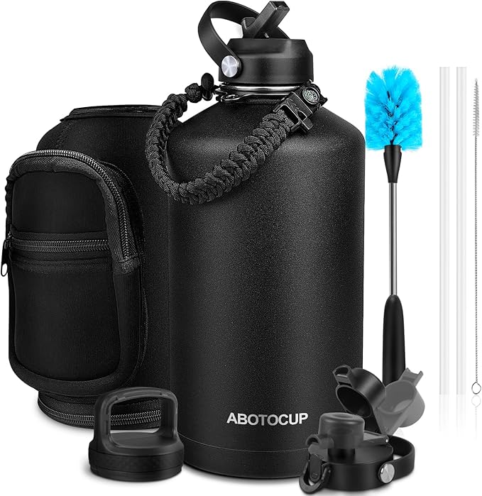 Gallon Water Bottle Insulated Keep Cold24H & Hot12H, Large 1 Water Bottle Gallon with Straw Lids&Paracord Handle, 128oz Water Bottle Double Wall Leak-proof BPA Free with Powder Coated