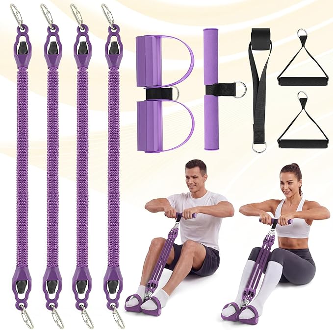 Upgrade Foot Pedal Resistance Bands with Handles, 4 Tube Adjustable Resistance Bands for Abdomen, Waist, Arm, Core/ABS, Leg Workout - Stirrup Puller for Men Women for Full Body Workout, Purple