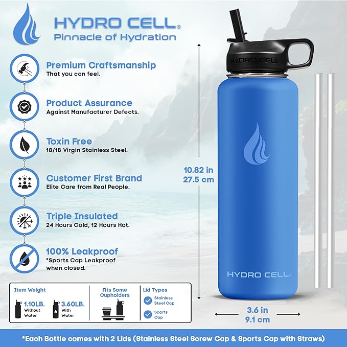 HYDRO CELL Stainless Steel Insulated Water Bottle with Straw - For Cold & Hot Drinks - Metal Vacuum Flask with Screw Cap and Modern Leakproof Sport Thermos for Adults (Denim 40oz)