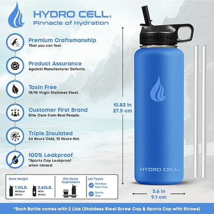 HYDRO CELL Stainless Steel Insulated Water Bottle with Straw - For Cold & Hot Drinks - Metal Vacuum Flask with Screw Cap and Modern Leakproof Sport Thermos for Adults (Denim 40oz)