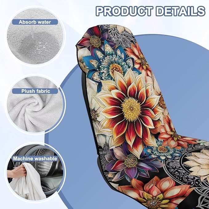 Bulopur Dahlia Floral Car Seat Towel Cover After Gym Workout Running Swimming Boho Automotive Accessories for Girly Non-Slip Sweating Car Seat Cover Removable