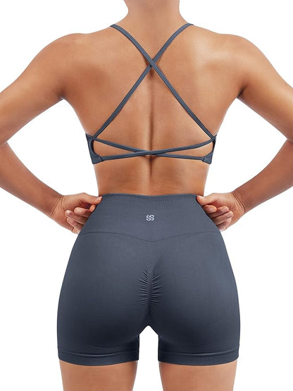 SUUKSESS Women Seamless Workout Sets Strappy Sports Bra High Waist Booty Shorts Outfits