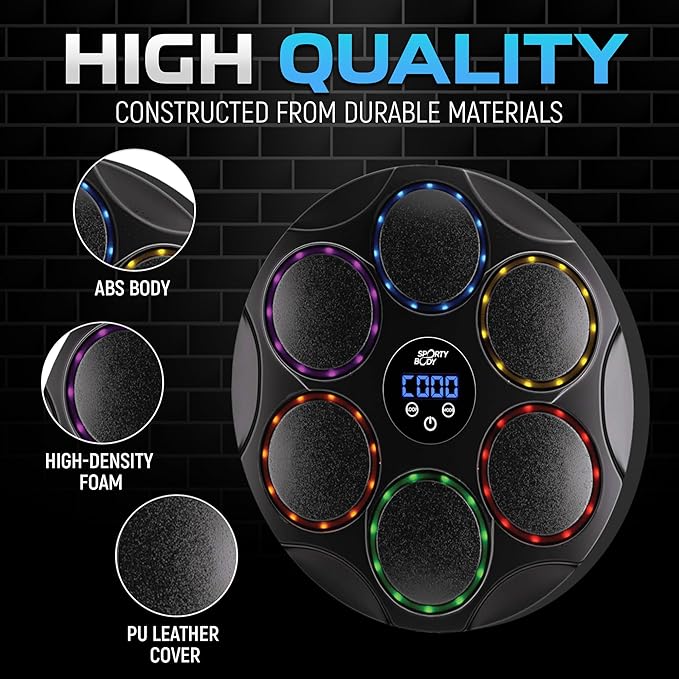 Music Boxing Beatbox Trainer by Sporty Body, 9 Speeds & 9 Light Modes, Bluetooth Sync, Auto Counting, and Durable ABS Body for Home Workouts, Supports 440lbs Punch Force, Wall Mounted Boxing Machine