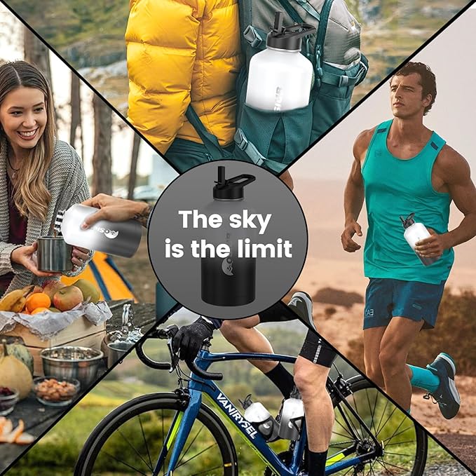 Insulated Water Bottle 87 oz, Triple Wall Vacuum Stainless Steel(Cold for 48 Hrs),Leak Proof & BPA-Free,One Gallon Water Bottle with Reflective Paracord & Flip Straw for Sports & Travel, DarkGray