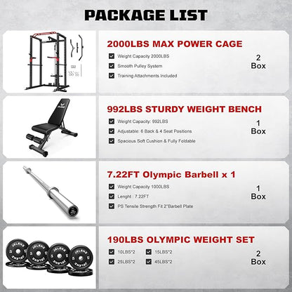 S11 Power Cage, 2000LB Multi-Function Power Rack with LAT Pulldown, Squat Rack with Adjustable Pulley System and Training Attachments, Weight Rack for Home Gym
