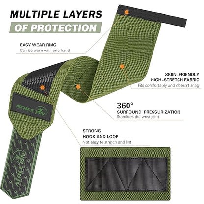 Professional Wrist Wraps, Heavy-Duty Support with Thumb Loop 18 Inch Pair for Powerlifting, Bodybuilding, Cross Training - Mesh carry pouch included (Army Green)