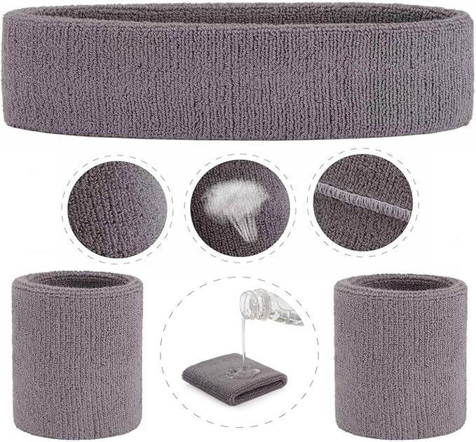 ONUPGO Sweatband Set Sports Headband Wristband Set Sweatbands Terry Cloth Wristband Wrist Sweatband Headbands Moisture Wicking Sweat Absorbing Head Band