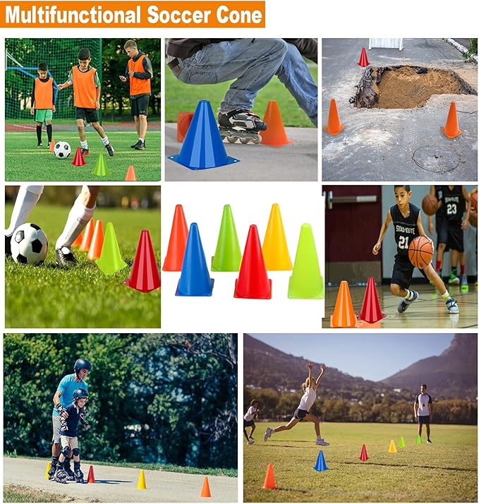 Soccer Cones Sports Training Agility Field Marker Cone, 12 Pack 7 Inch Training Cones Set with Mesh Bag, Colorful Cones for Soccer, Skating, Basketball, Baseball Drills, Outdoor & Indoor Activity