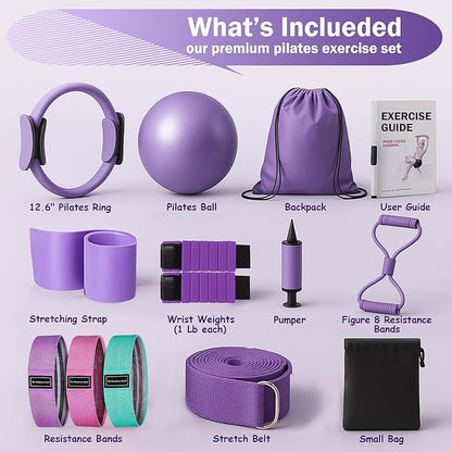 Pilates Starter Kit for Home - Better Pilates Essential Equipment with Adjustable Ankle Wrist Weights, Resistance Bands, Magic Circle Ring, Yoga Ball & Workout Accessories for Women Fitness Toning