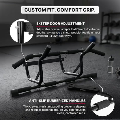 DMoose Fitness Pull Up Bar for Doorway - Upto 250 Lbs Capacity, No Screwing or Slipping, Hanging Pullup & Chin Up Bar for Door Frame - Multi Padded Grips for Strength Training with Installation Guide