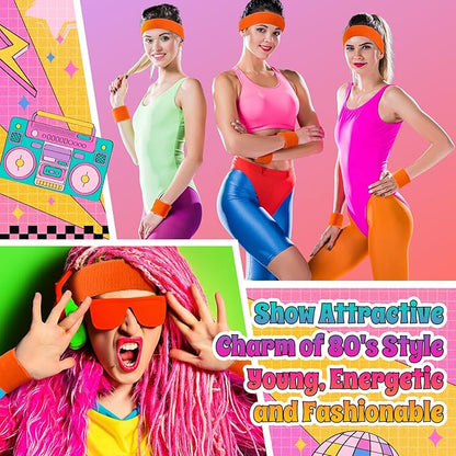 3 Pack Neon Sweatbands Set 80s Wristband and Headband Color War Accessories Sports Sweatbands for Summer Ball Party