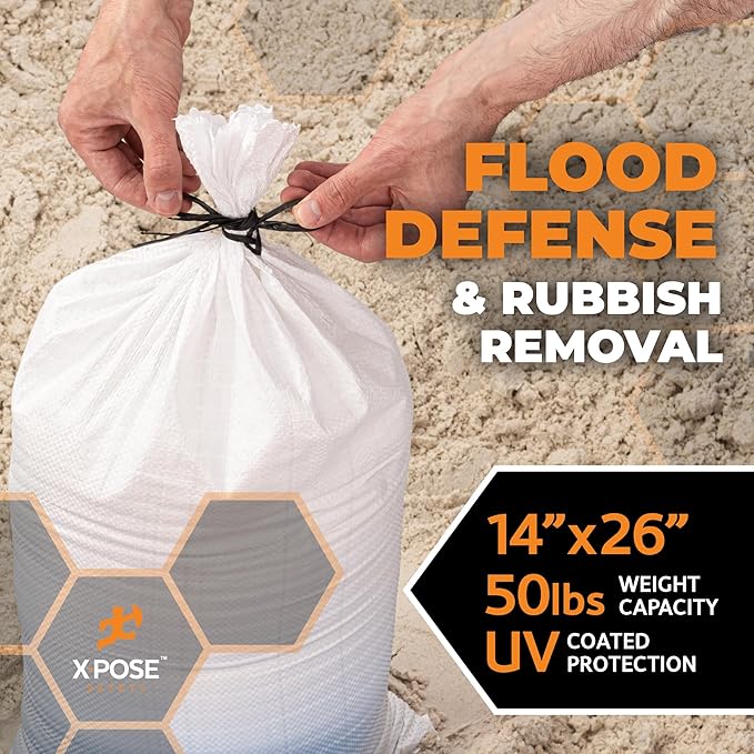 Xpose Safety Heavy Duty Sand Bags with Tie Strings – Empty Woven Polypropylene Sandbags for Hurricane Flood Protection, 50 lb Capacity, 14" x 26", White, Bulk Half Pallet Pack of 7500