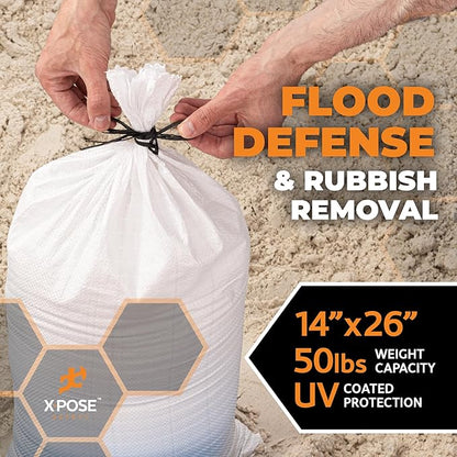 Xpose Safety Heavy Duty Sand Bags with Tie Strings – Empty Woven Polypropylene Sandbags for Hurricane Flood Protection, 50 lb Capacity, 14" x 26", White, Bulk Full Pallet Pack of 15000