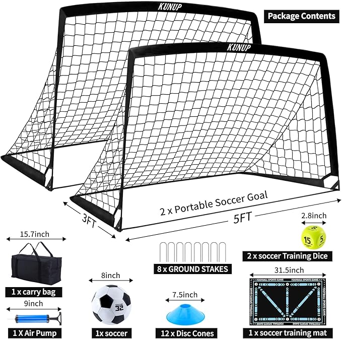 2 Set Kids Soccer Goals for Backyard with Training Equipment, Portable Foldable Practice Nets with Ball, Dice & Mat, Cones, Air Pump and Carry Bag for Toddler Youth Outdoor Sports Game