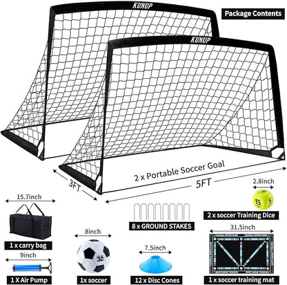 2 Set Kids Soccer Goals for Backyard with Training Equipment, Portable Foldable Practice Nets with Ball, Dice & Mat, Cones, Air Pump and Carry Bag for Toddler Youth Outdoor Sports Game
