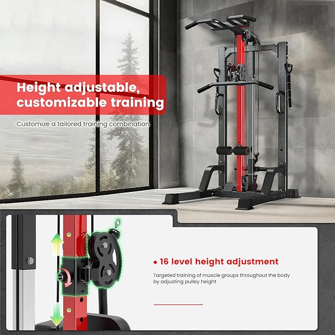 Pull Up Bar Power Tower Dip Station,Cable Machine-Integrated 450LBS Multi-Function Adjustable Height Fitness Strength Training Equipment for Home Gym Strength Training Equipment