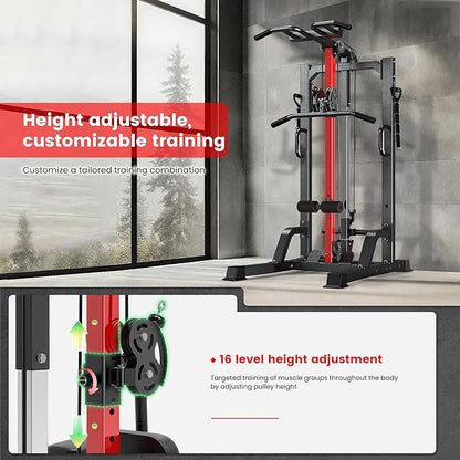 Pull Up Bar Power Tower Dip Station,Cable Machine-Integrated 450LBS Multi-Function Adjustable Height Fitness Strength Training Equipment for Home Gym Strength Training Equipment
