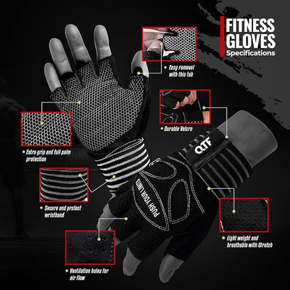 QTF Weight Lifting Gym Workout Gloves with Long Wrist Strap, Fingerless Gym Gloves for Men & Women, Full Palm Protection, for Weightlifting, Training, Fitness, Hanging
