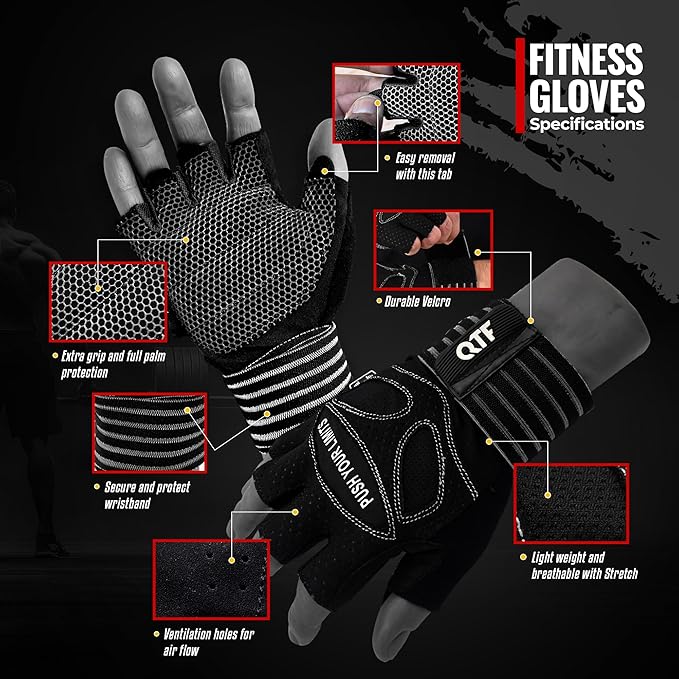 QTF Weight Lifting Gym Workout Gloves with Long Wrist Strap, Fingerless Gym Gloves for Men & Women, Full Palm Protection, for Weightlifting, Training, Fitness, Hanging