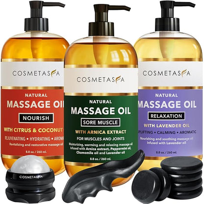 Cosmetasa Massage Oil Spa Gift Set for Women – Relaxing Lavender, Warming Arnica & Nourishing Citrus & Coconut Oils – Includes Roller Ball, Thumb Saver & Hot Stones – Self Care Kit & Body Massage Oils