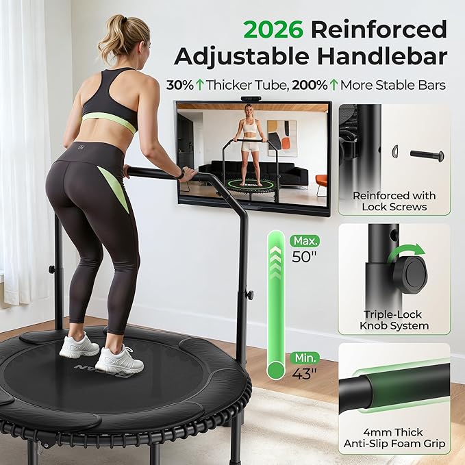 BCAN BT2 450/550LBS Mini Rebounder Trampoline for Adults with Bar, Fitness Trampoline with Bungees, Adjustable Handle, Stable & Quiet, Indoor Outdoor, Whole-Body Workout & Relaxation at Home-40IN/48IN