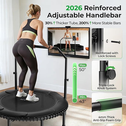 BCAN BT2 450/550LBS Mini Rebounder Trampoline for Adults with Bar, Fitness Trampoline with Bungees, Adjustable Handle, Stable & Quiet, Indoor Outdoor, Whole-Body Workout & Relaxation at Home-40IN/48IN
